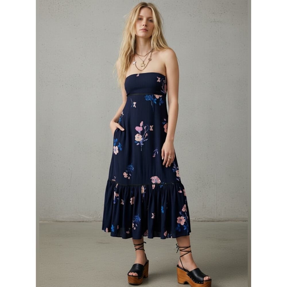 Free People Bohemian Rosie Posie Strapless Midi Dress Blue Floral Size Small